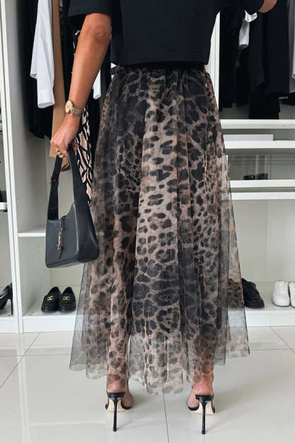Tulle Leopard Print Elastic Waist A-line Maxi Skirt