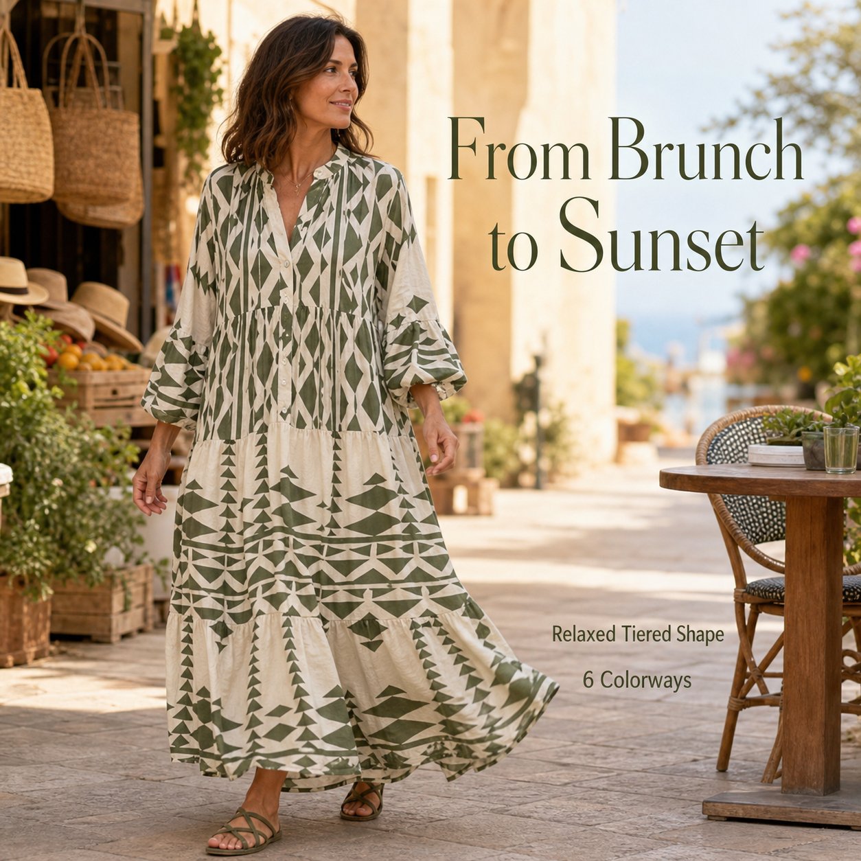 []Geometric Print Boho Tiered Maxi Dress