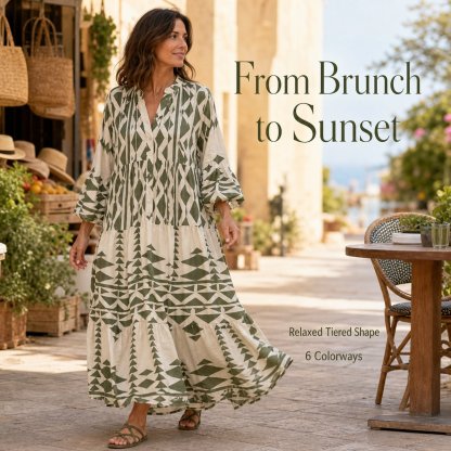 []Geometric Print Boho Tiered Maxi Dress