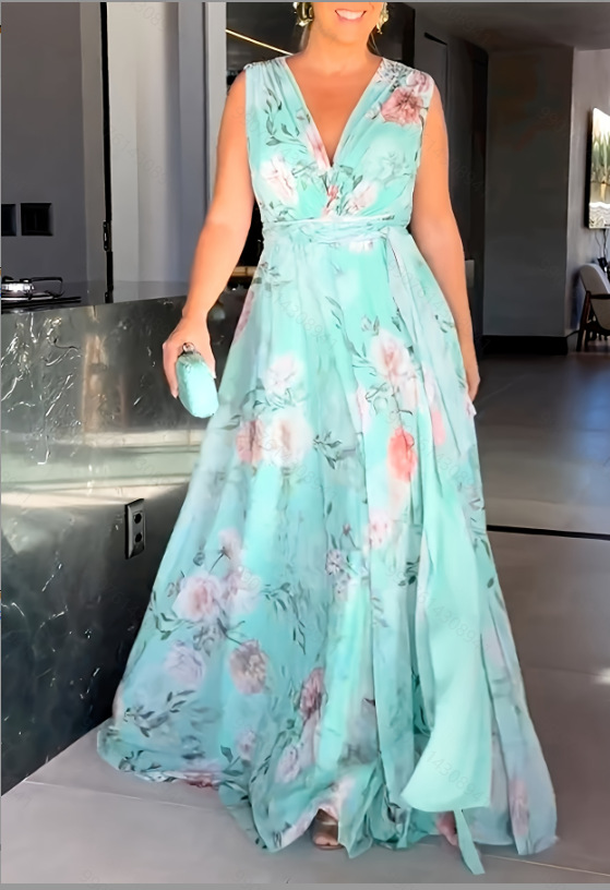 Elegant Floral V-Neck Sleeveless Maxi Dress with Belt (Buy 2 Free Shipping)