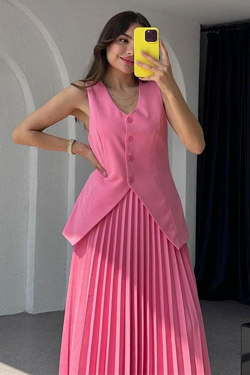 V Neck Button Up Slit Vest Pleated Maxi Skirt Matching Set (Buy 2 Free Shipping)