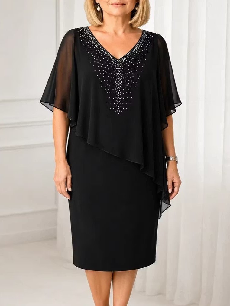 Elegant V-Neck Asymmetric Cape Midi Dress