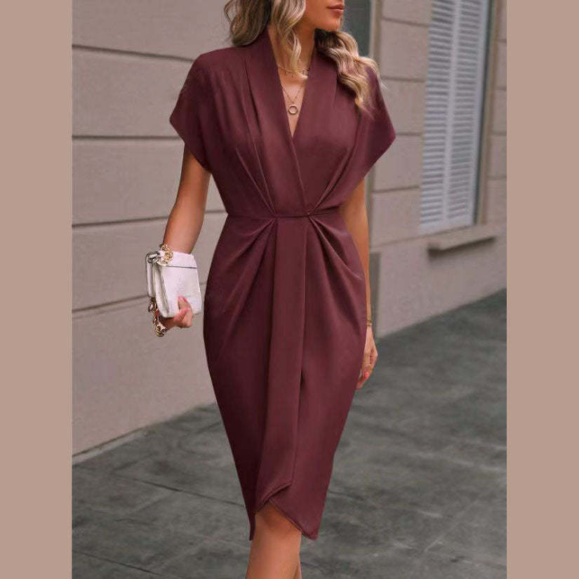 Elegant Draped Pleated V-Neck Midi Dress (Buy 2 Free Shipping)