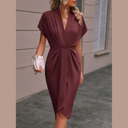 Elegant Draped Pleated V-Neck Midi Dress (Buy 2 Free Shipping)