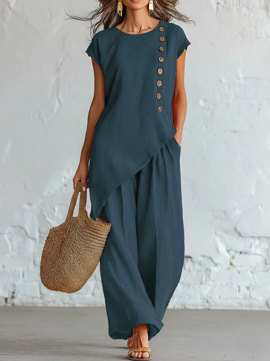 Elegant Asymmetric Button Detail Two-Piece Set (Buy 2 Free Shipping)