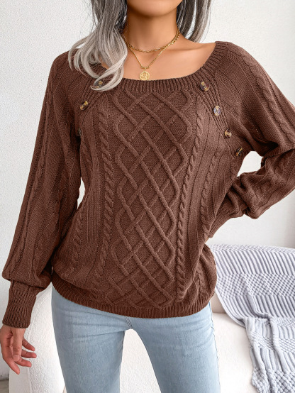 Textured Cable Knit Button Detail Relaxed Fit Sweater