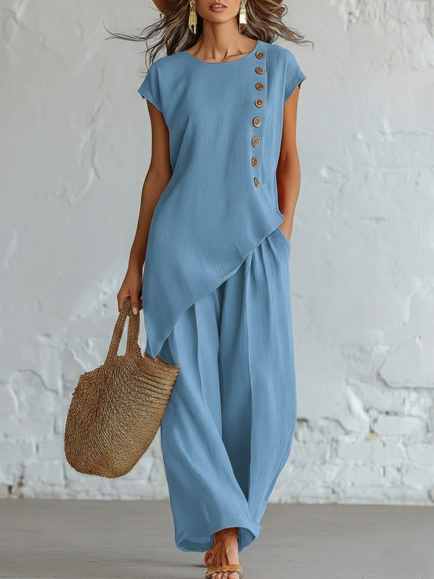 Elegant Asymmetric Button Detail Two-Piece Set (Buy 2 Free Shipping)