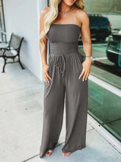 Last Day Promotion 49% OFF💖Off Shoulder Solid Colour Smocked Jumpsuit