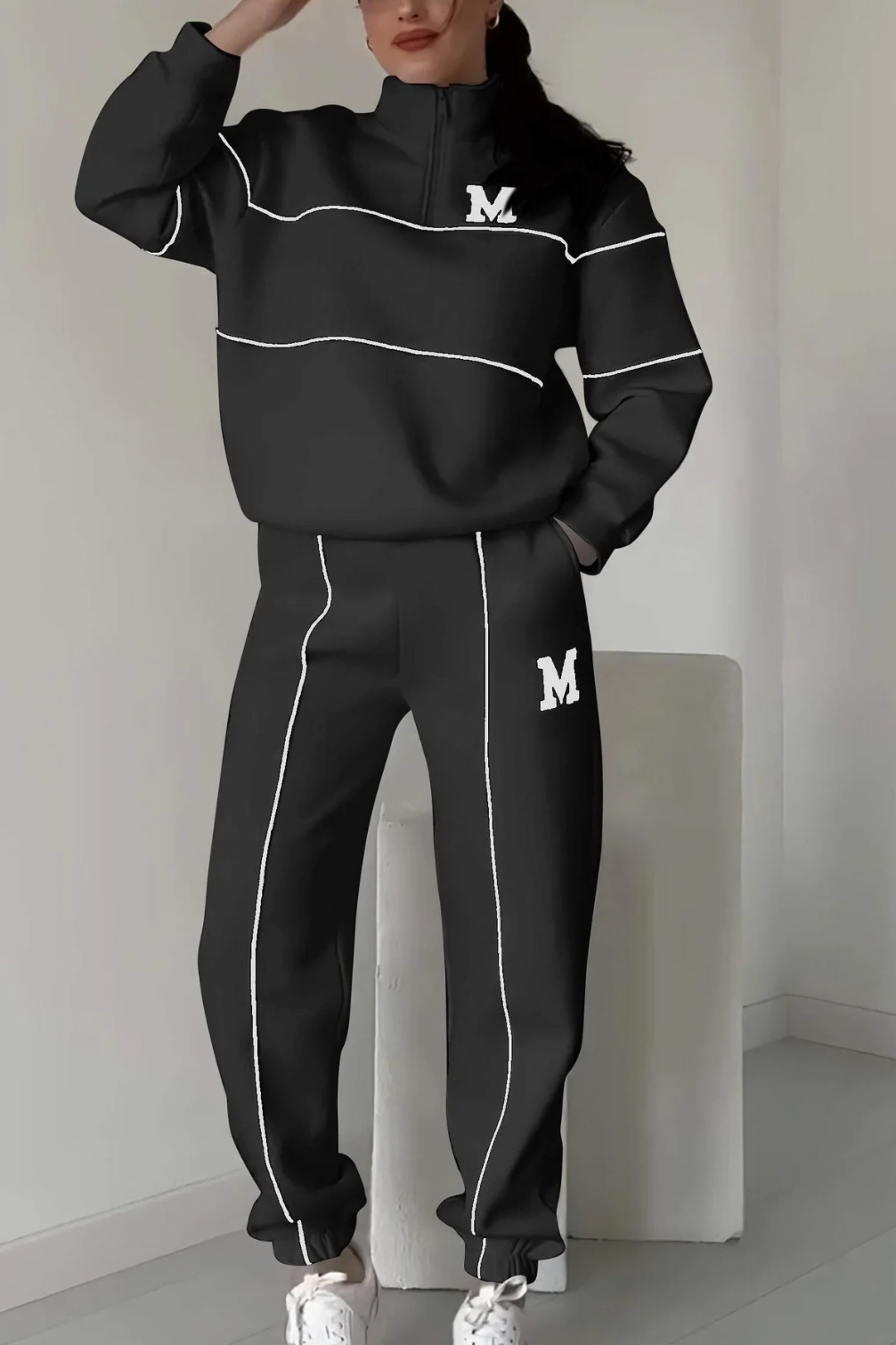 Relaxed Zip Pullover Set with Contrast Trim (Buy 2 Free Shipping)