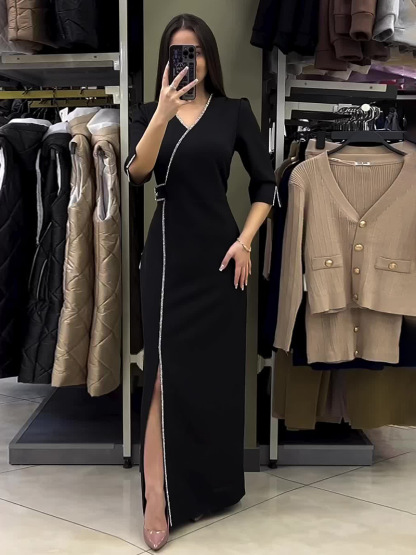 Elegant V-Neck Sequin Trim Slit Maxi Dress (Buy 2 Free Shipping)