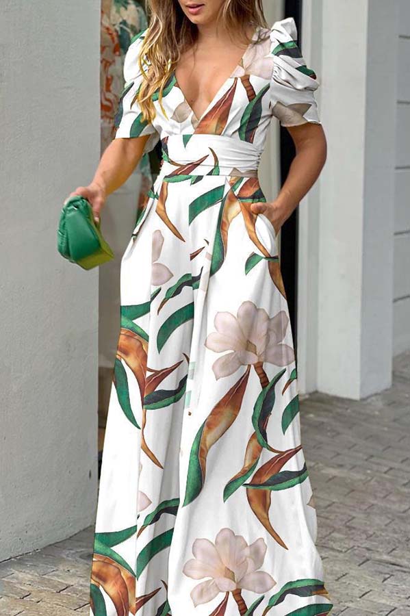 Printed Puff Sleeve Pocketed Wide Leg Jumpsuit (Buy 2 Free Shipping)