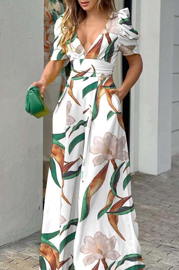 Printed Puff Sleeve Pocketed Wide Leg Jumpsuit (Buy 2 Free Shipping)