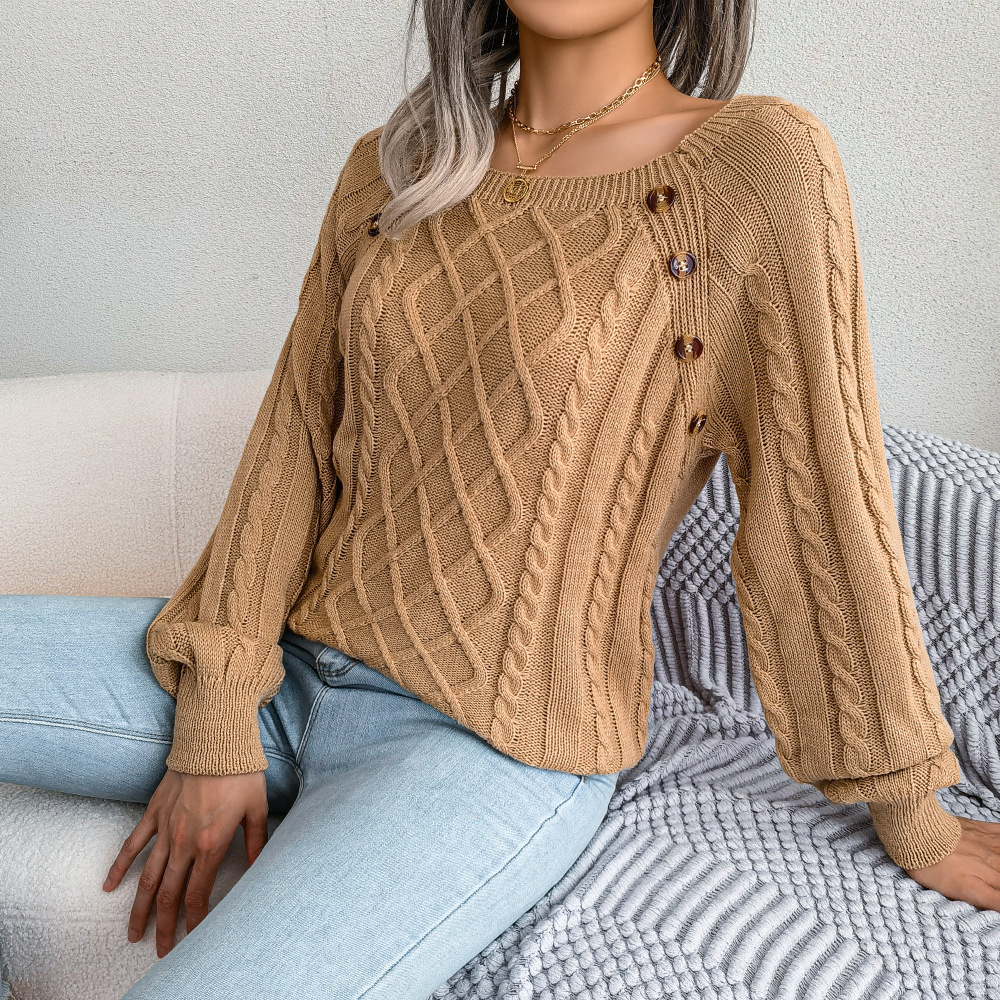 Textured Cable Knit Button Detail Relaxed Fit Sweater