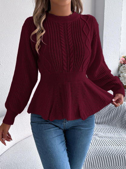 Textured Knit Waist Flare Hem Sweater Top