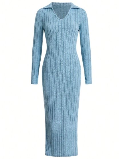 Knitted Fitted Lapel Long Sleeve Ribbed Dress (Buy 2 Free Shipping)