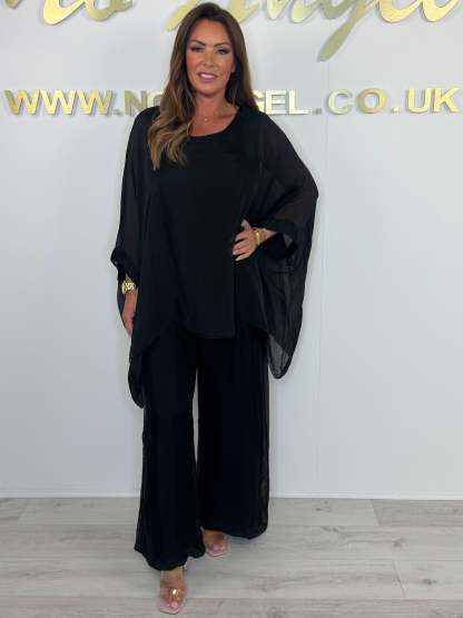 Elegant Chiffon Overlay Top & Wide Leg Pants Two-Piece Set (Buy 2 Free Shipping)
