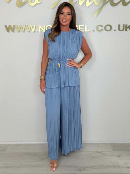 Pleated Tie Waist Top & Trouser Two Piece Set (Buy 2 Free Shipping)