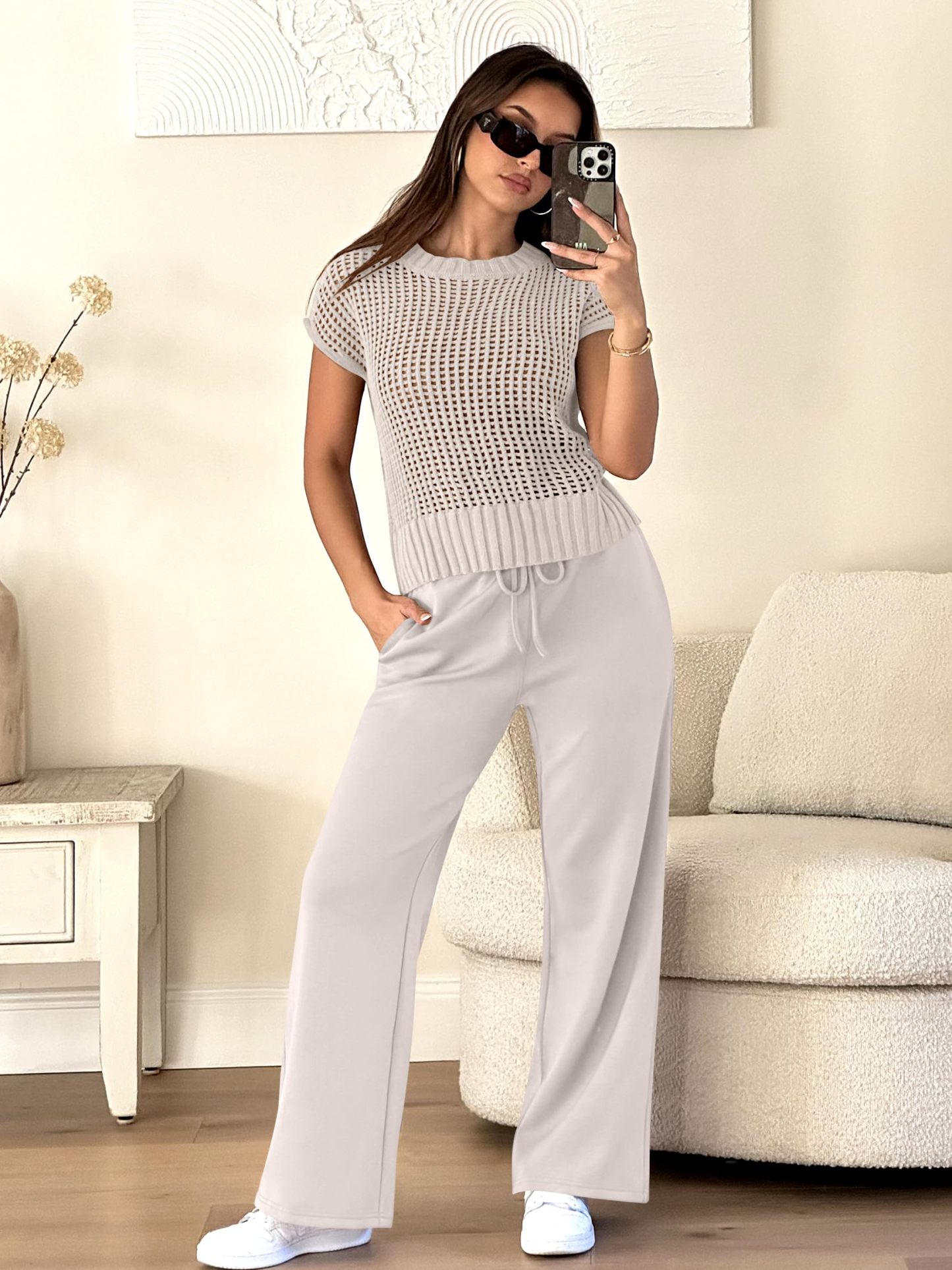 Easy Crochet Texture Top Wide Leg Pants Set
