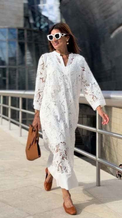  Flower Lace Bell Sleeve Loose Midi Dress (Buy 2 Free Shipping)