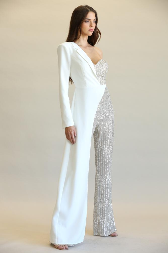 Striped Sequin + Solid Stretch Woven Fabric Combo Jumpsuit