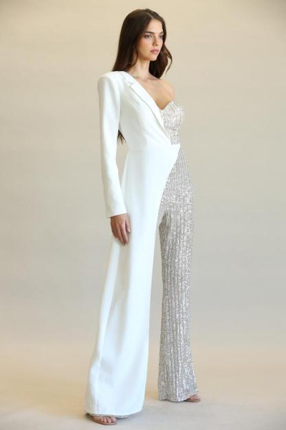 Striped Sequin + Solid Stretch Woven Fabric Combo Jumpsuit