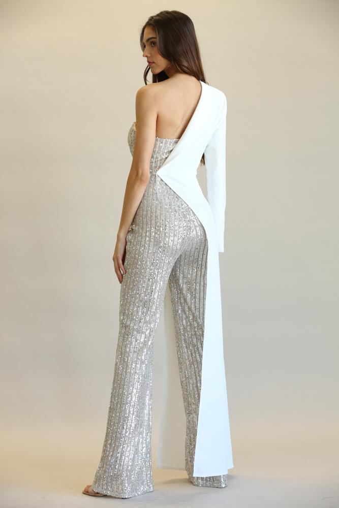 Striped Sequin + Solid Stretch Woven Fabric Combo Jumpsuit