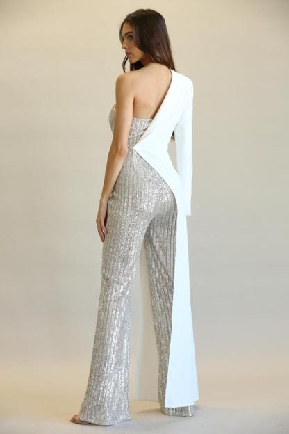 Striped Sequin + Solid Stretch Woven Fabric Combo Jumpsuit