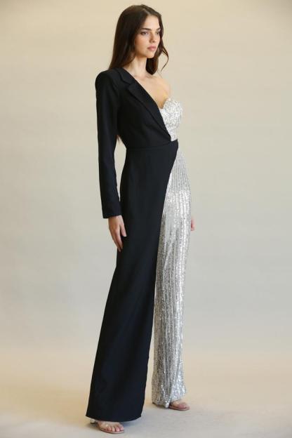Striped Sequin + Solid Stretch Woven Fabric Combo Jumpsuit