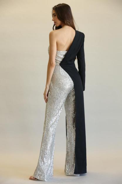 Striped Sequin + Solid Stretch Woven Fabric Combo Jumpsuit
