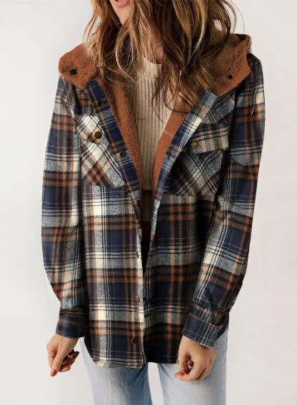 Fall Thickened Flannel Long Sleeve Plaid Jacket Coat with Hood (Buy 2 Free Shipping)
