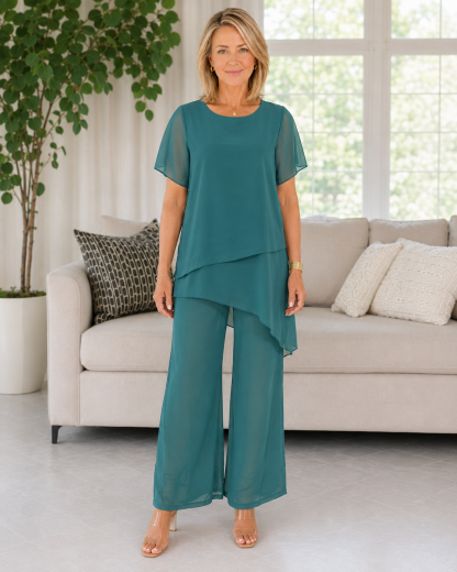 Elegant Asymmetrical Layered Top & Wide-Leg Pants Two-Piece Set