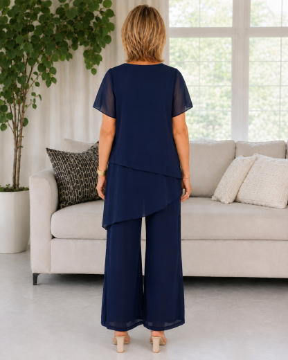 Elegant Asymmetrical Layered Top & Wide-Leg Pants Two-Piece Set