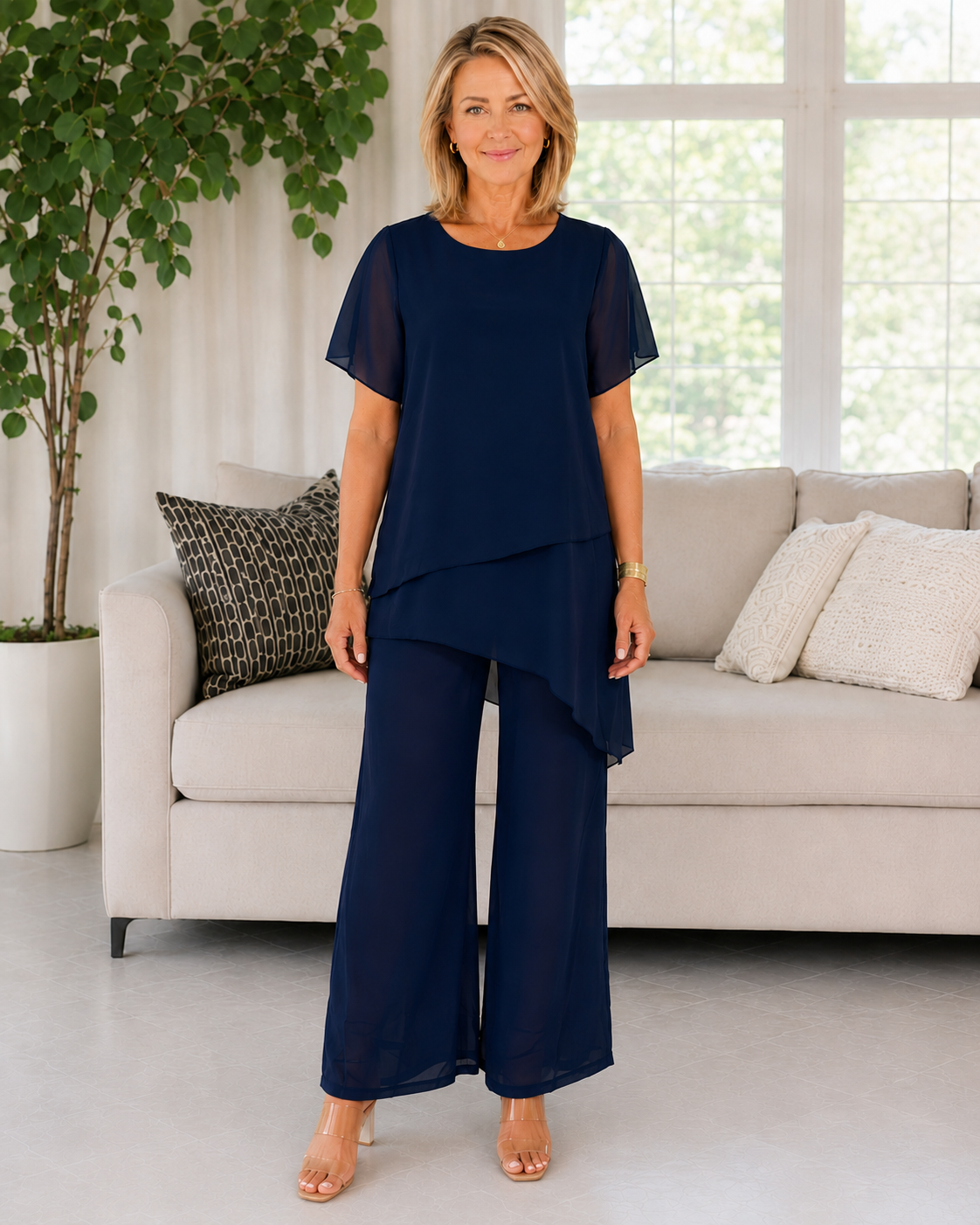 Elegant Asymmetrical Layered Top & Wide-Leg Pants Two-Piece Set