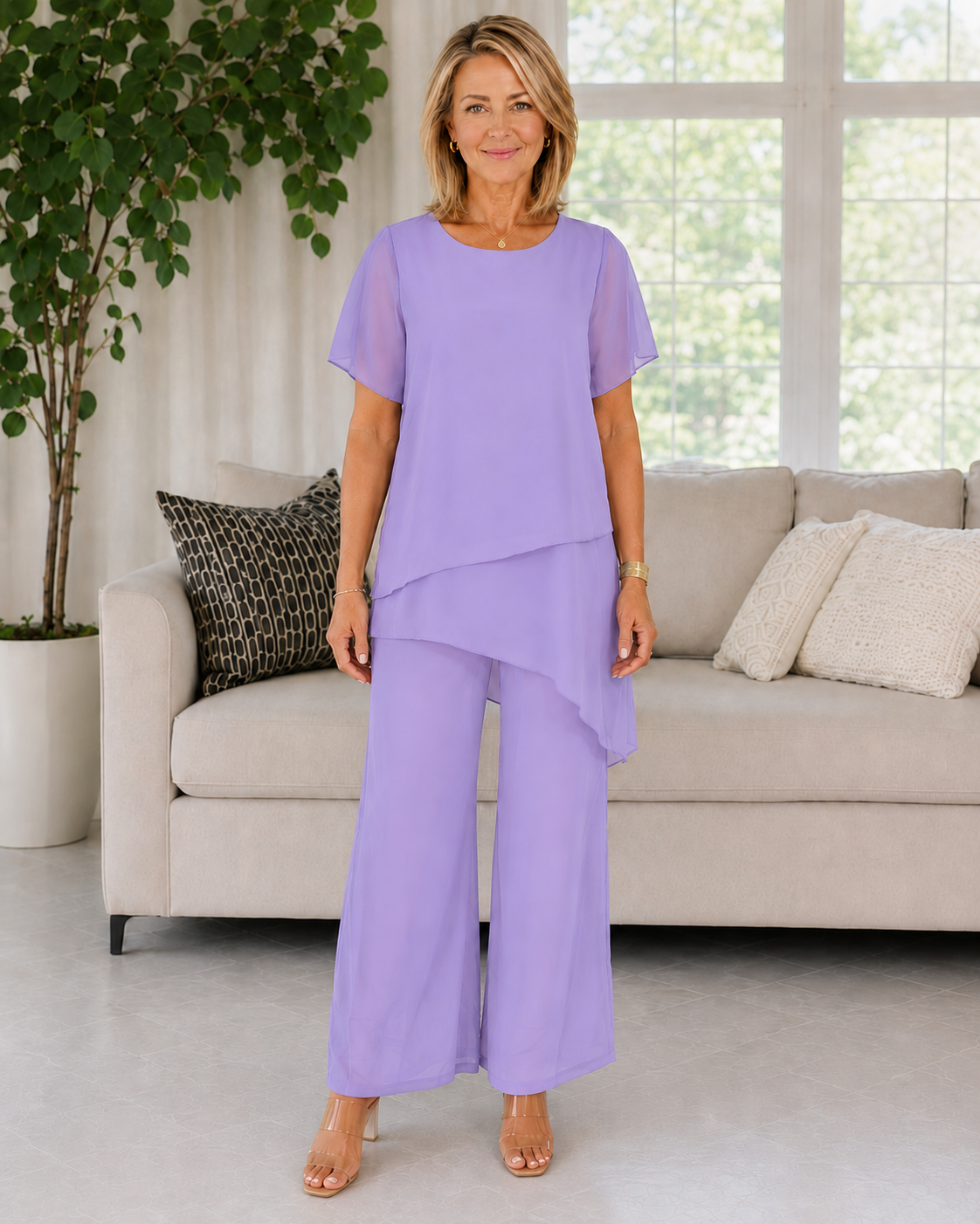 Elegant Asymmetrical Layered Top & Wide-Leg Pants Two-Piece Set