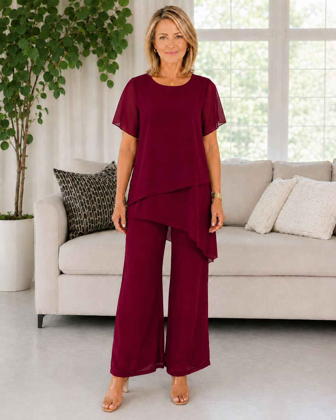 Elegant Asymmetrical Layered Top & Wide-Leg Pants Two-Piece Set