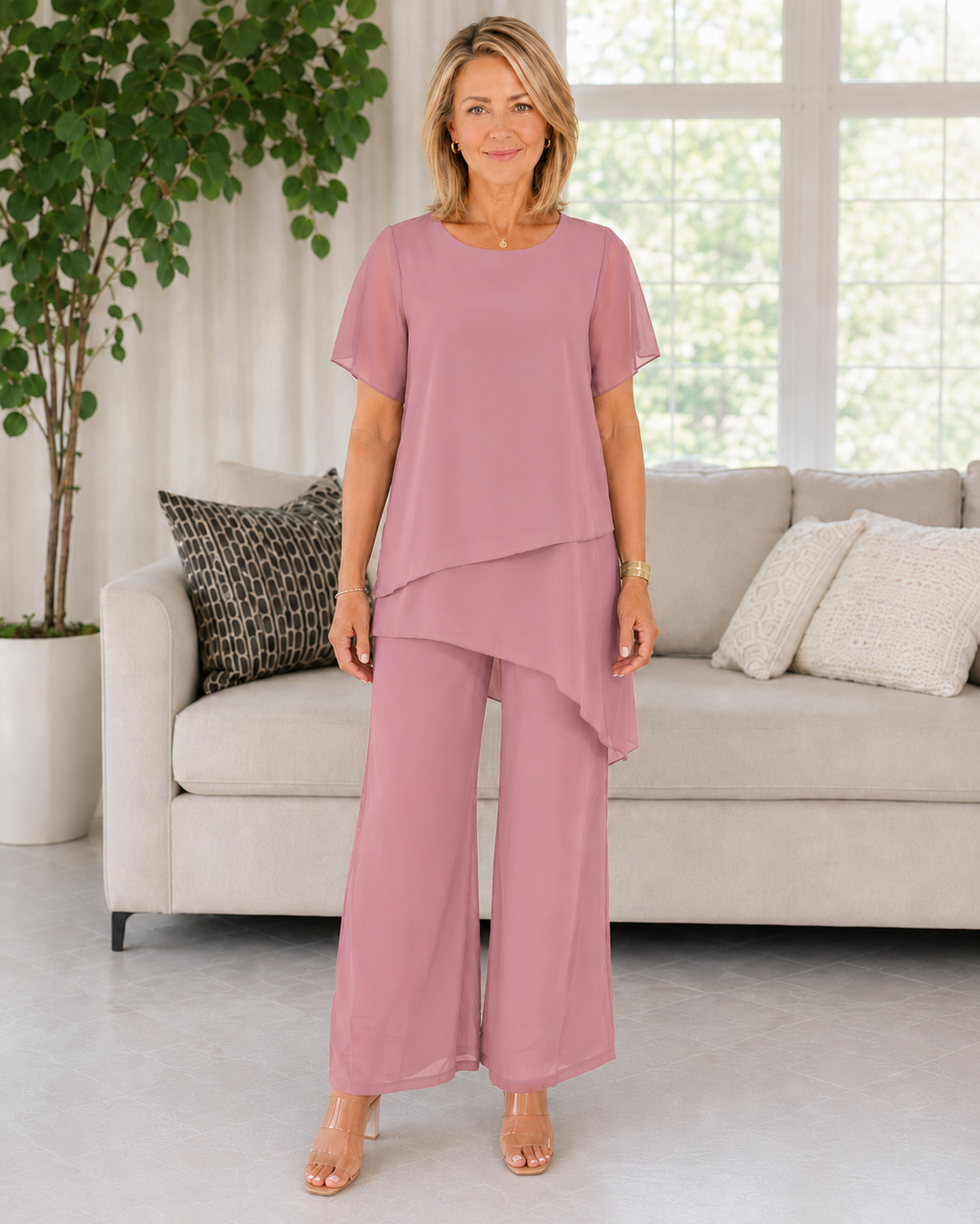 Elegant Asymmetrical Layered Top & Wide-Leg Pants Two-Piece Set