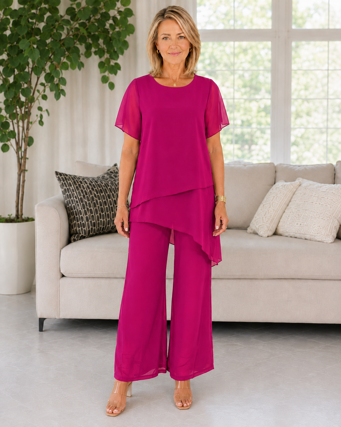 Elegant Asymmetrical Layered Top & Wide-Leg Pants Two-Piece Set