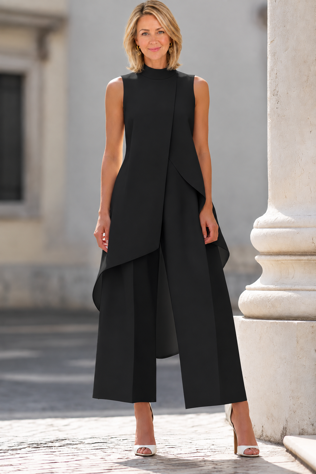Elegant Asymmetrical Layered Top Wide-Leg Pants Set