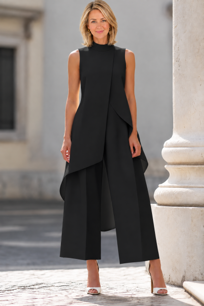 Elegant Asymmetrical Layered Top Wide-Leg Pants Set