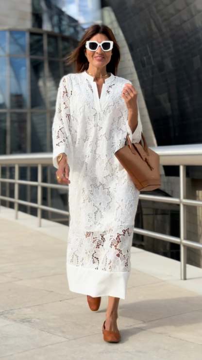  Flower Lace Bell Sleeve Loose Midi Dress (Buy 2 Free Shipping)