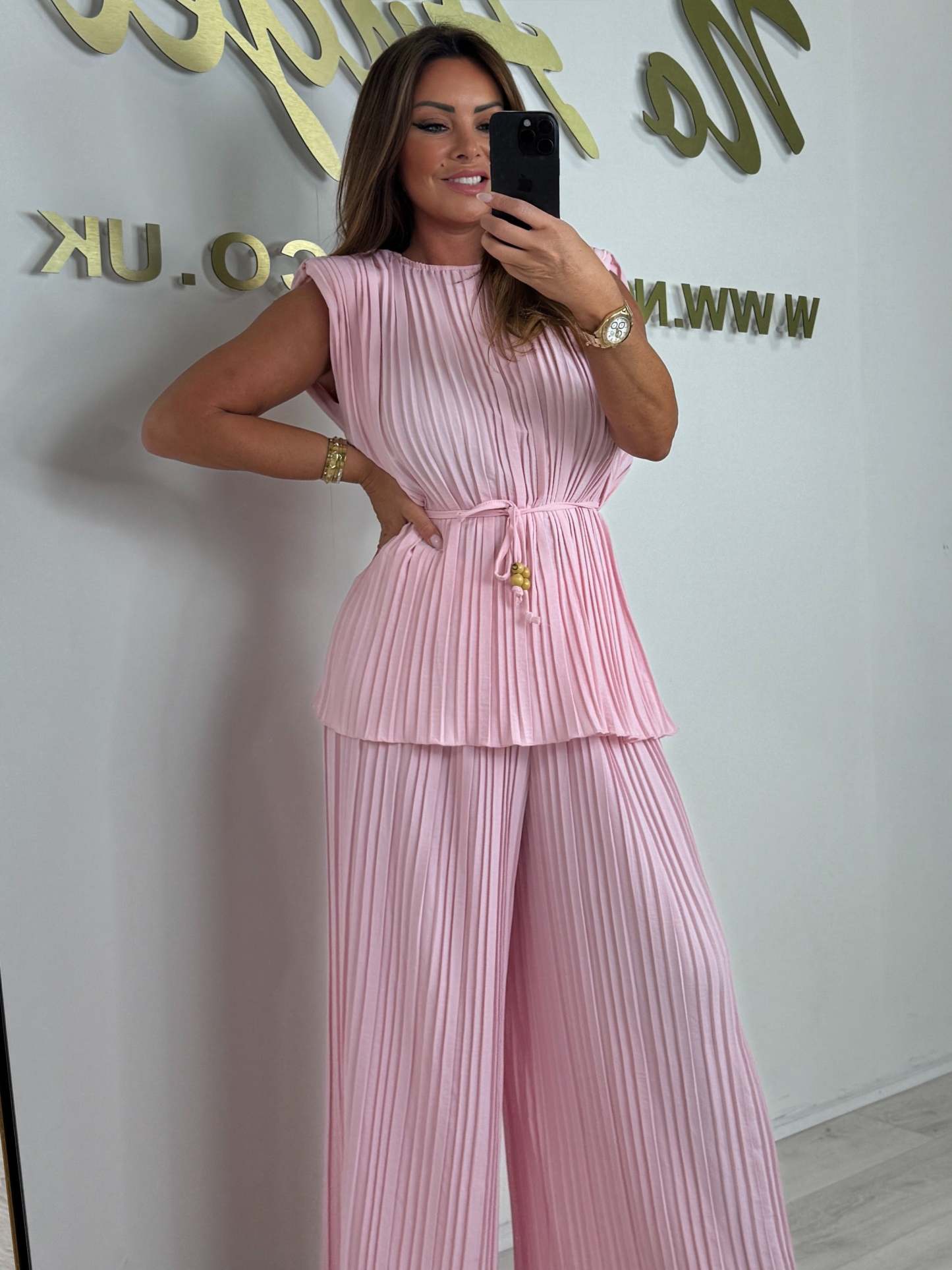 Pleated Tie Waist Top & Trouser Two Piece Set (Buy 2 Free Shipping)