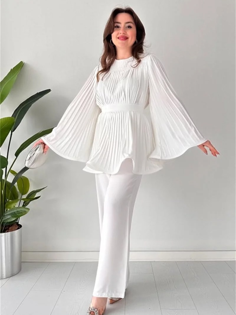 Pleated Bell Sleeve Top and Wide-Leg Pants Two Piece Set (Buy 2 Free Shipping)