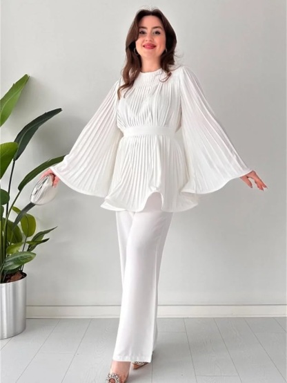 Pleated Bell Sleeve Top and Wide-Leg Pants Two Piece Set (Buy 2 Free Shipping)