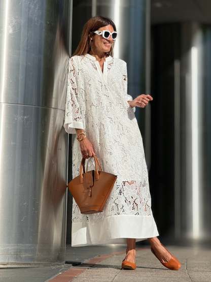  Flower Lace Bell Sleeve Loose Midi Dress (Buy 2 Free Shipping)