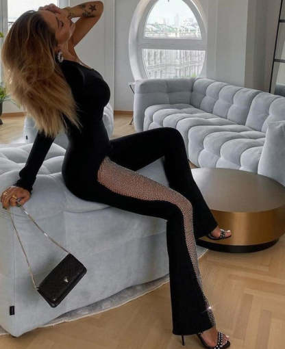 One Shoulder One Mesh Flare Jumpsuits