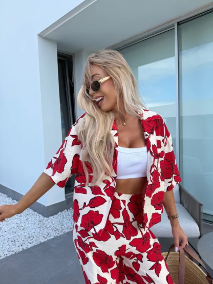 Modern Satin Floral Print Short Sleeve Button Pocket Shirt