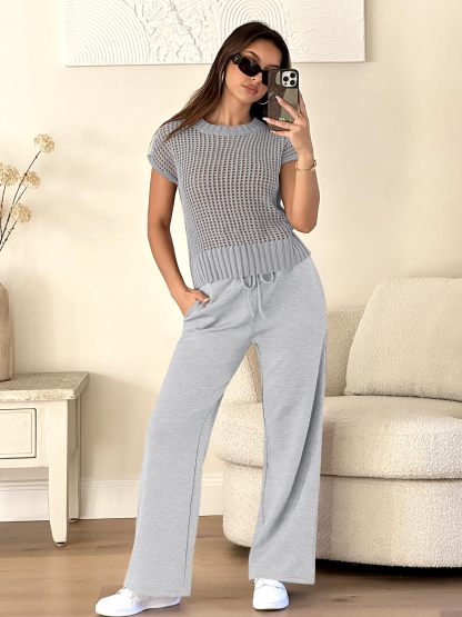 Easy Crochet Texture Top Wide Leg Pants Set