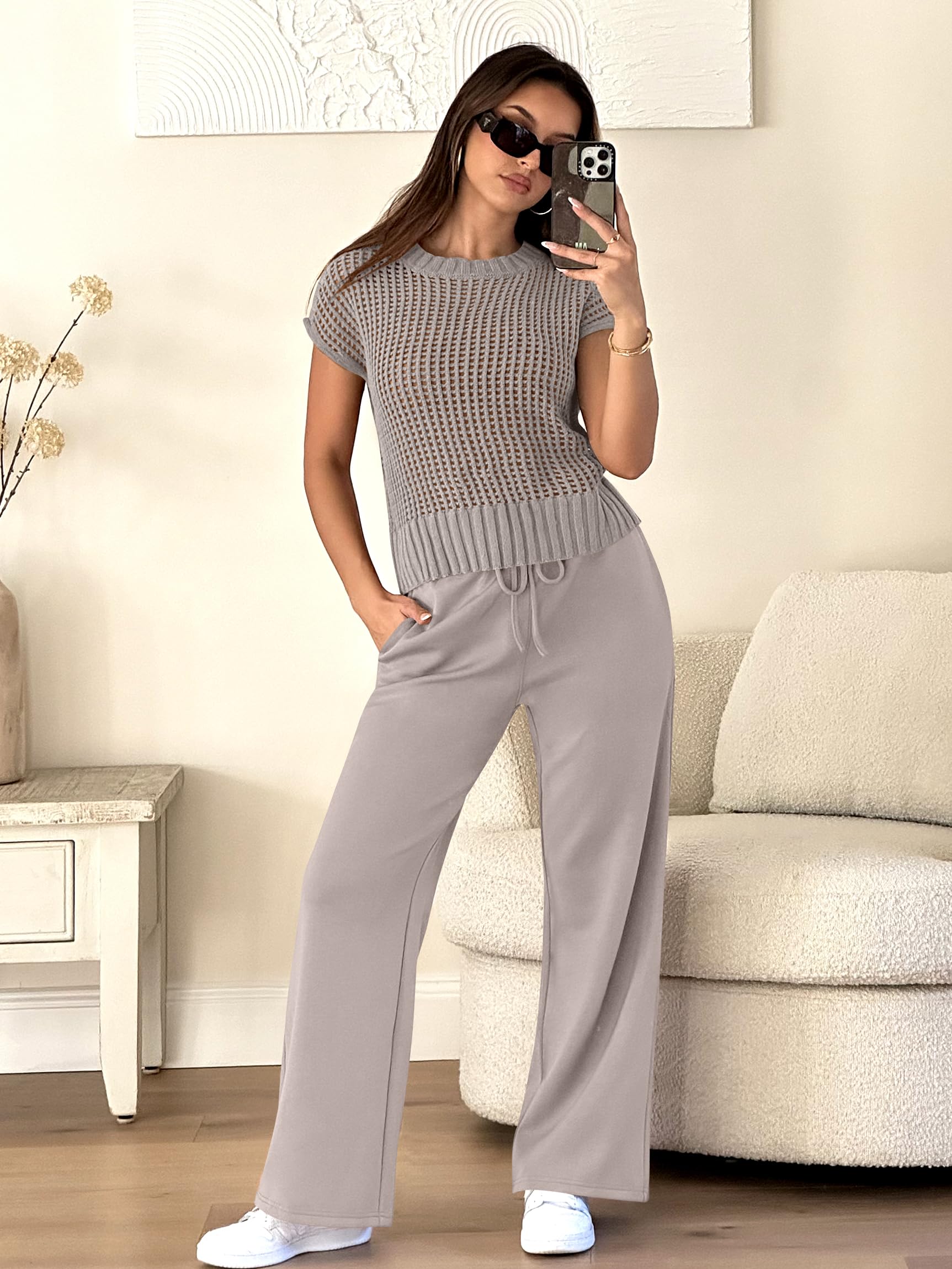 Easy Crochet Texture Top Wide Leg Pants Set