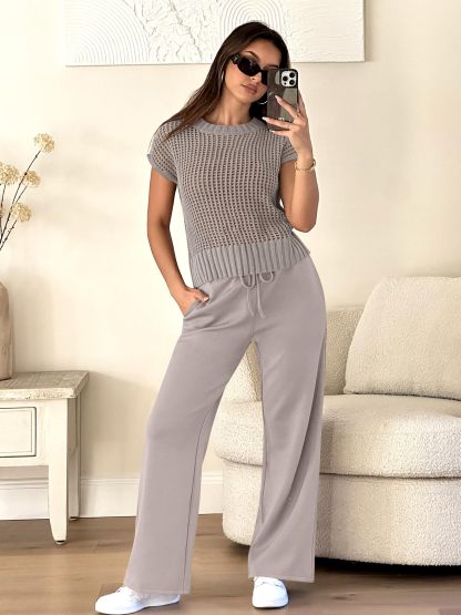 Easy Crochet Texture Top Wide Leg Pants Set