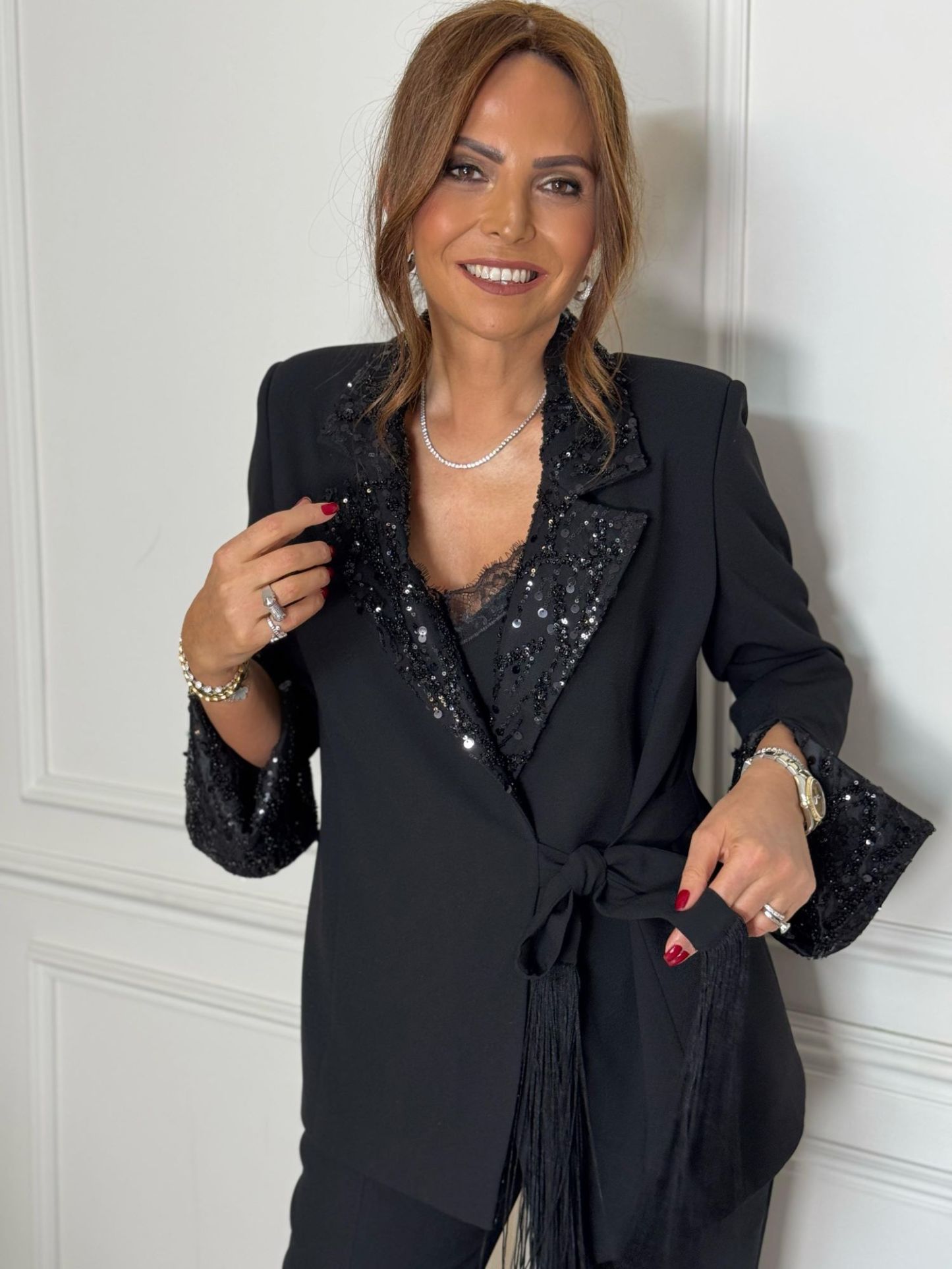 Elegant Sequin Trimmed Blazer and Pants Two Piece Set (Buy 2 Free Shipping)